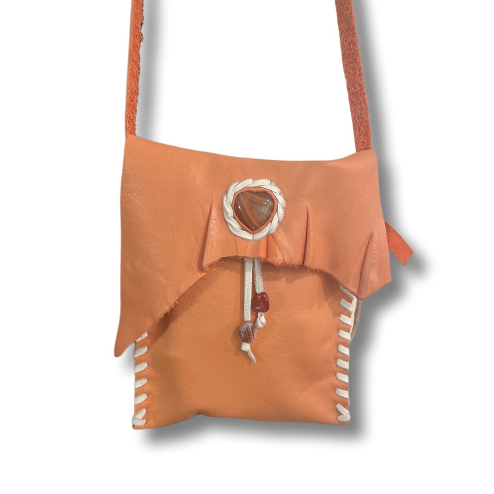 Boho Bespoke Leather Coral & Carnelian Heart Crossbody Handbag